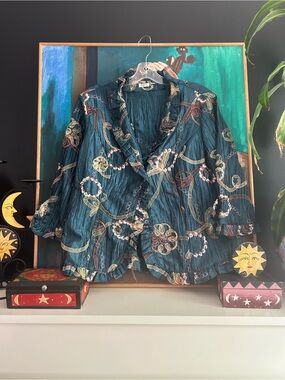 Agora Ruffle Blouse Teal Abstract Ribbon Print Crinkle Button Front Women Large